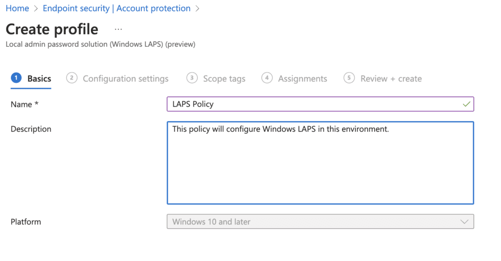 Windows LAPS in Entra ID - create profile basics