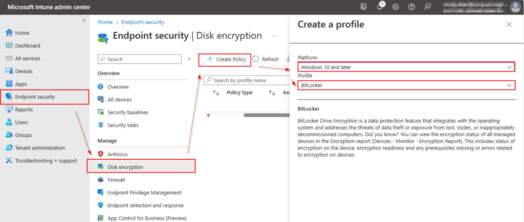 How to configure BitLocker on Windows devices with Intune: Disk Encryption Profiles Edition - create a profile