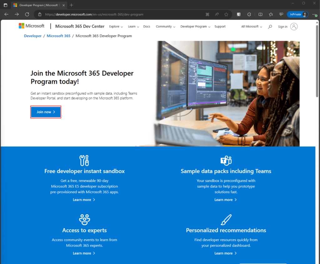 Microsoft 365 Developer Program homepage