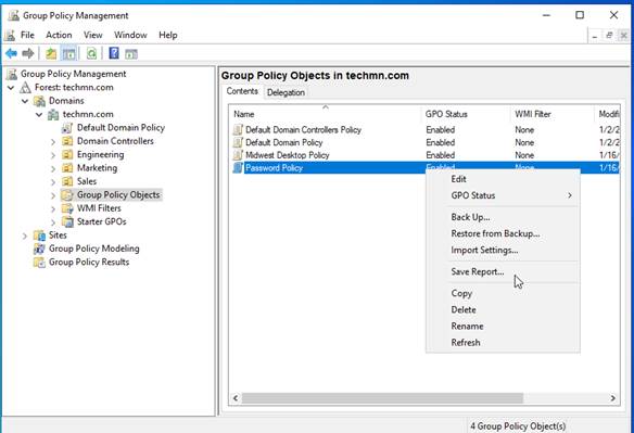 right click --> password policy --> save report
