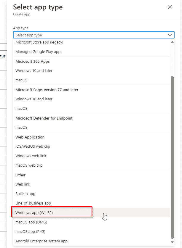 Select Windows app (Win32) and upload the .intunewin file from the Output fol