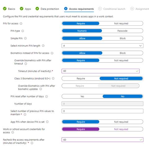 MAM for Android - access requirement settings