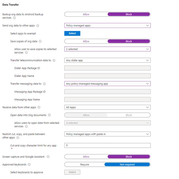 MAM for Android - policies selected