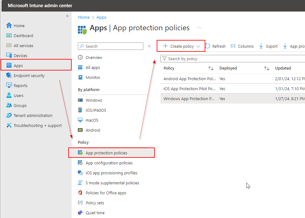 App protection policies --> Create policy