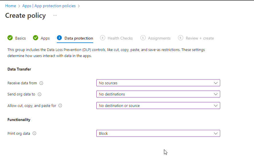 app policy - data protection settings