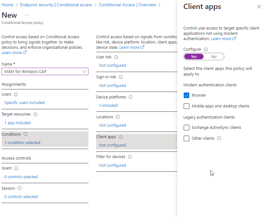 Set client apps to browser under "conditions'