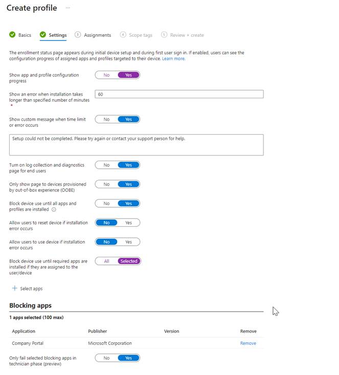 enrollment status page profile settings