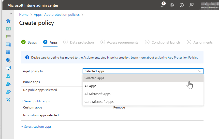 create policy --> select apps