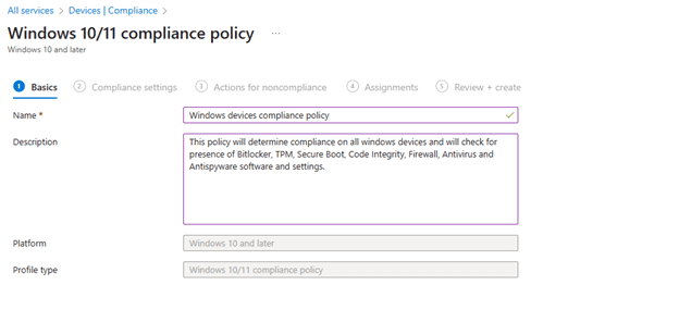 Compliance policy name and description