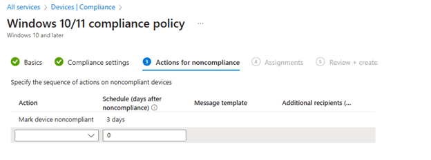 Actions for noncompliance settings
