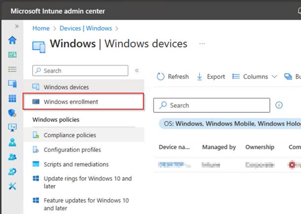 Windows devices --> Windows enrollment