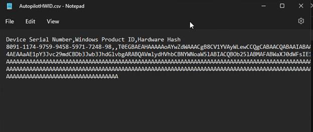 Manually Register Devices with Windows Autopilot - Notepad csv file