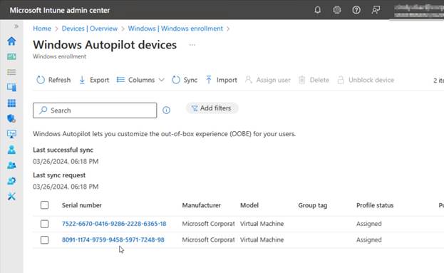 Windows Autopilot profile status assigned