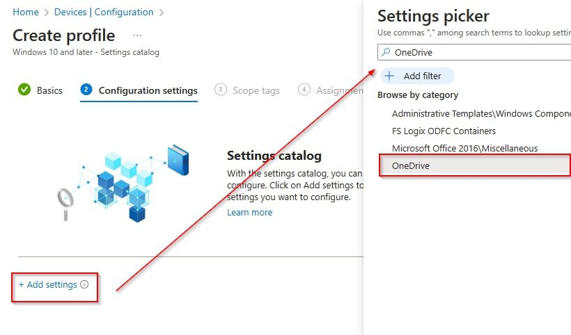 Enable Known Folder Move with Intune - add settings