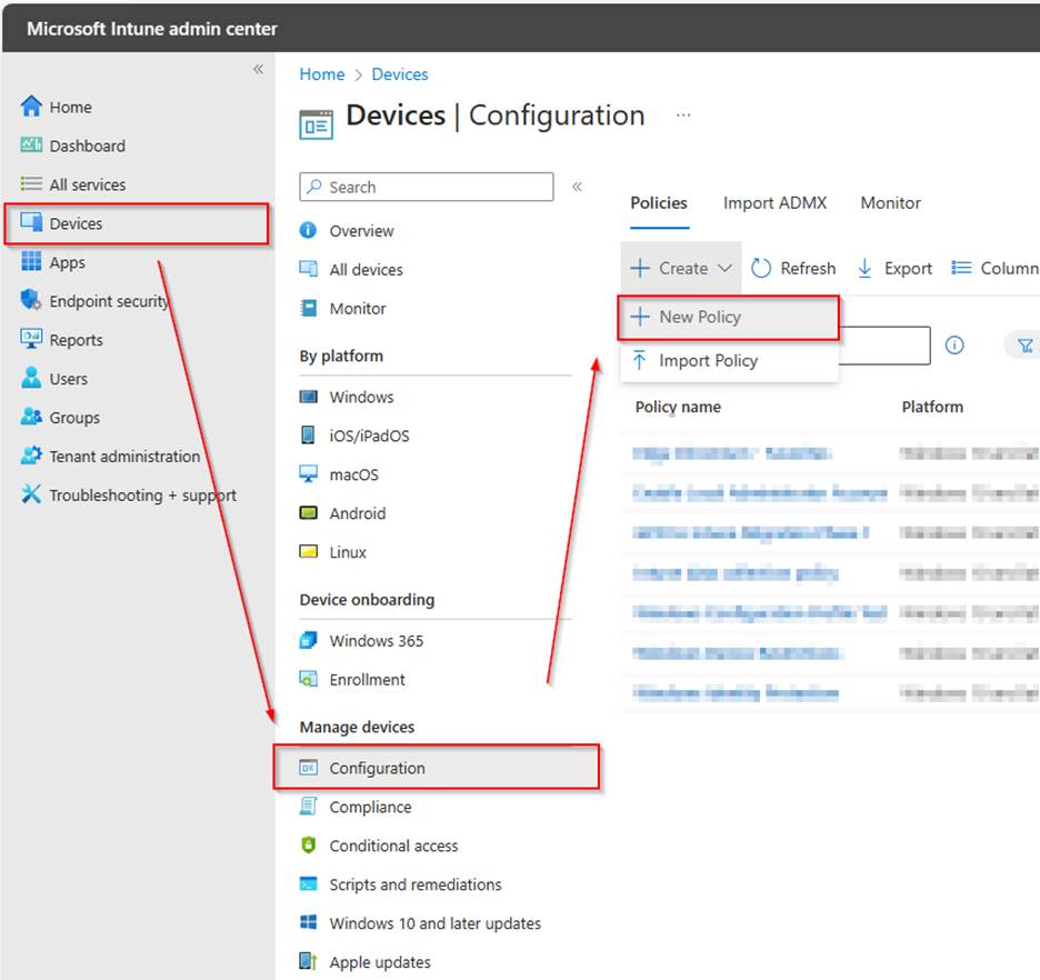 Browser Extensions via Intune - Device - Configuration - New Policy