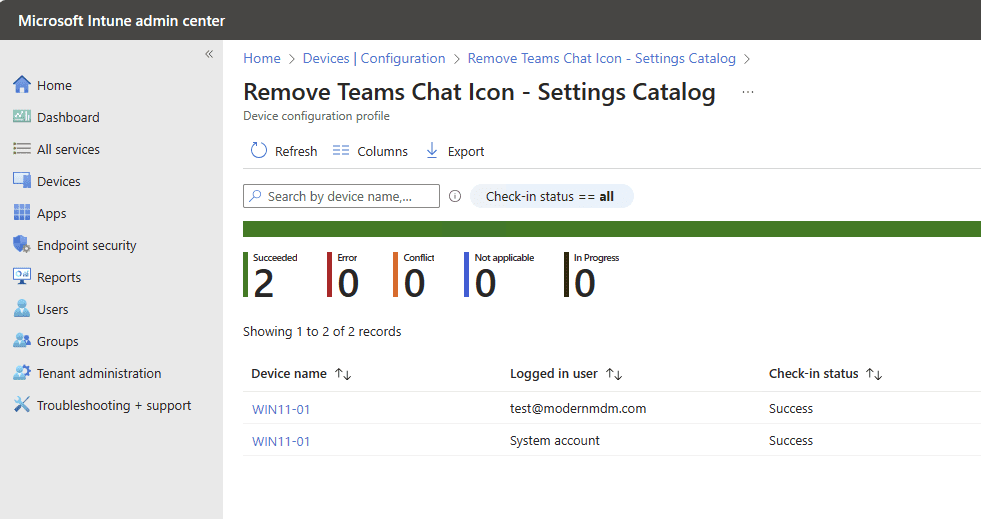 Remove Personal Teams Chat from Windows 11 Devices - test succeeded