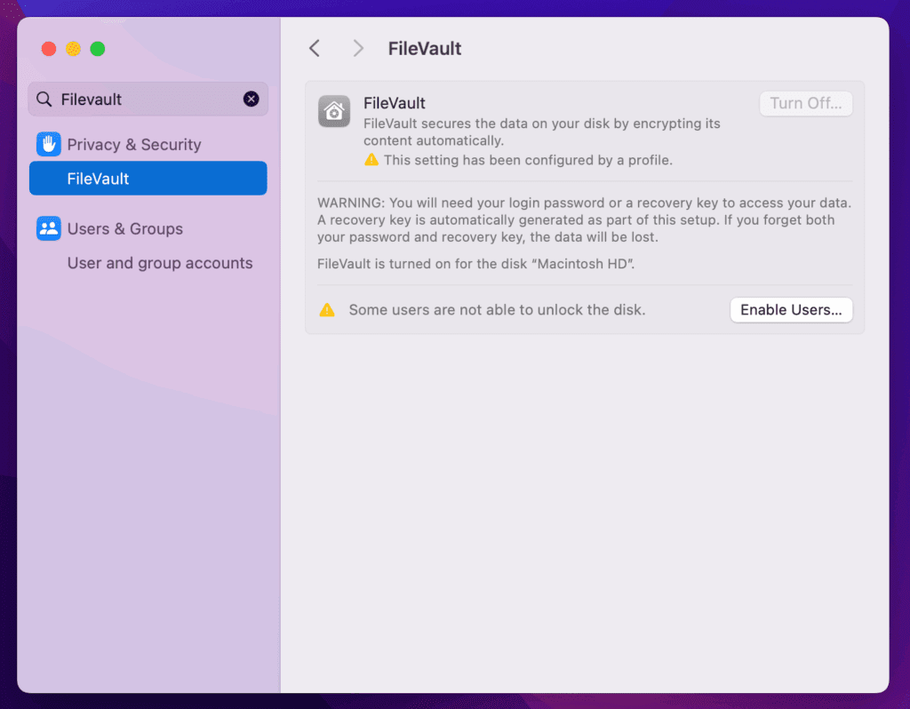 macOS Security Controls - End User FileVault Disable