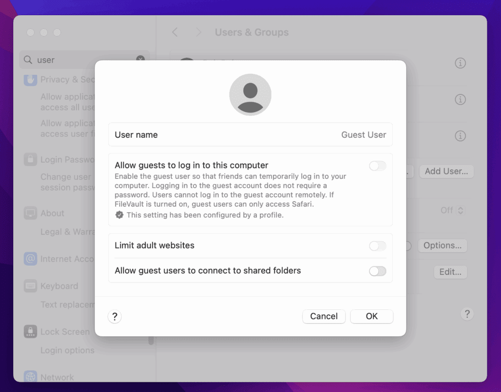 macOS Security Controls - Guest User Settings
