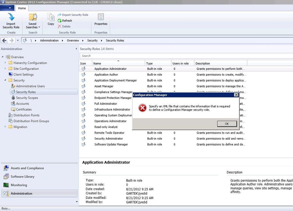 Importing SCCM 2012 R2 Security Role Error