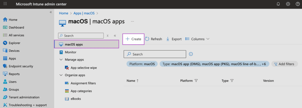 macOS Dock customization with Intune - Create App