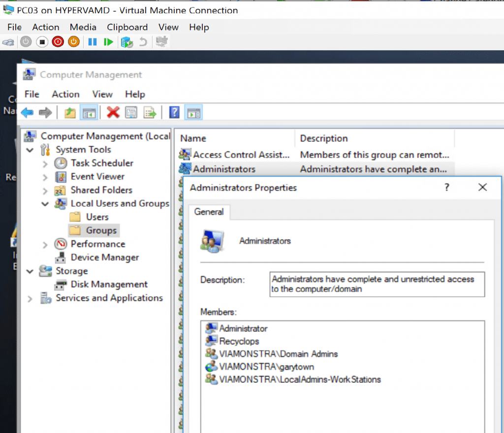 Machine shows the account was added to the Administrators Group