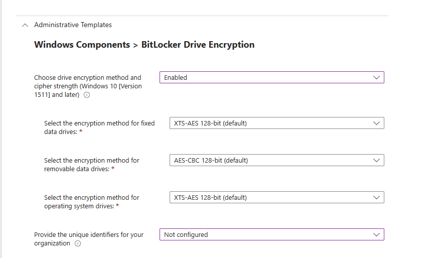Administrative Templates: Windows Components BitLocker Drive Encryption