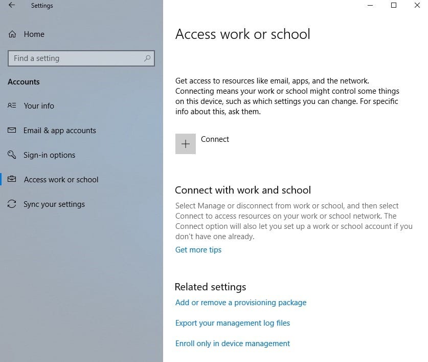 Enable Intune - Access Work or School Node Enable Intune - Access Work or School Node