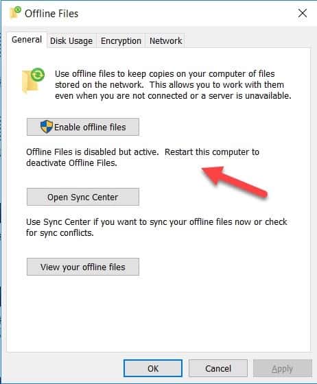 Windows 10 Offline Files - Disable Offline Files - Text Change Windows 10 Offline Files - Disable Offline Files - Text Change