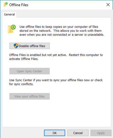 Windows 10 Offline Files - Enable - OK Button Windows 10 Offline Files - Enable - OK Button