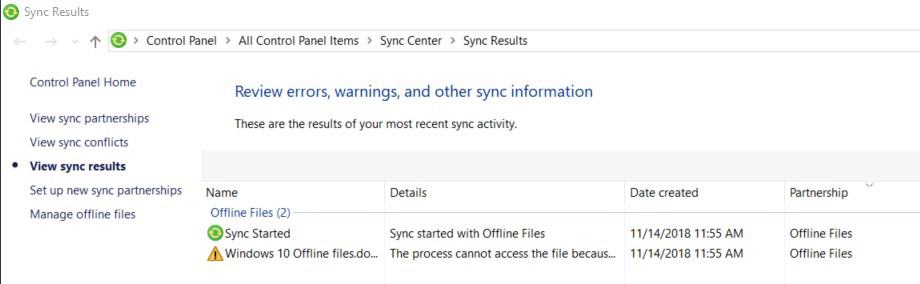 Windows 10 Offline Files - Sync Status - Results Windows 10 Offline Files - Sync Status - Results