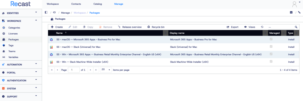 Application Workspace screenshot depicting various packages imported from setup store sources.