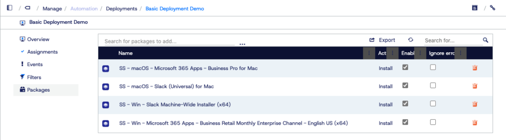 Application Workspace screenshot depicting various packages added to a deployment.