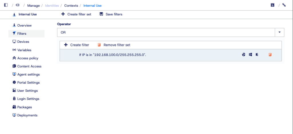 Application Workspace screenshot depicting the context configuration for a hypothetical internal network.