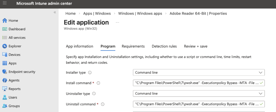 Command-line installer type shown within the Microsoft Intune Admin Center