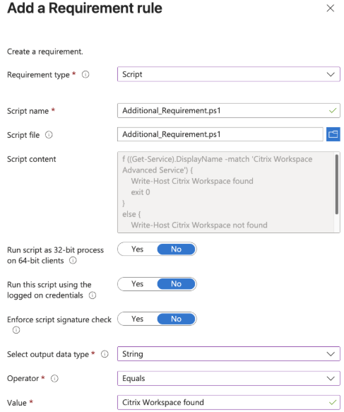 Screen showing how to add a requirement rule in Microsoft Intune