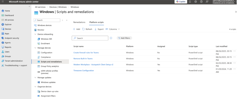 Scripts and remediations screen in the Microsoft Intune Admin Center