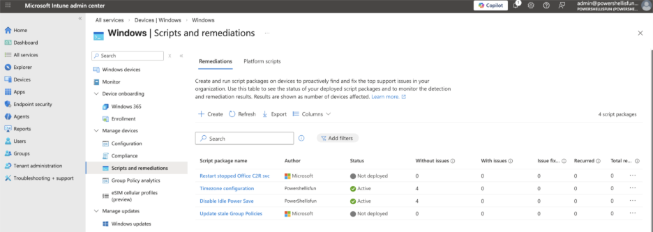 Scripts and remediations screen within the Microsoft Intune Admin Center