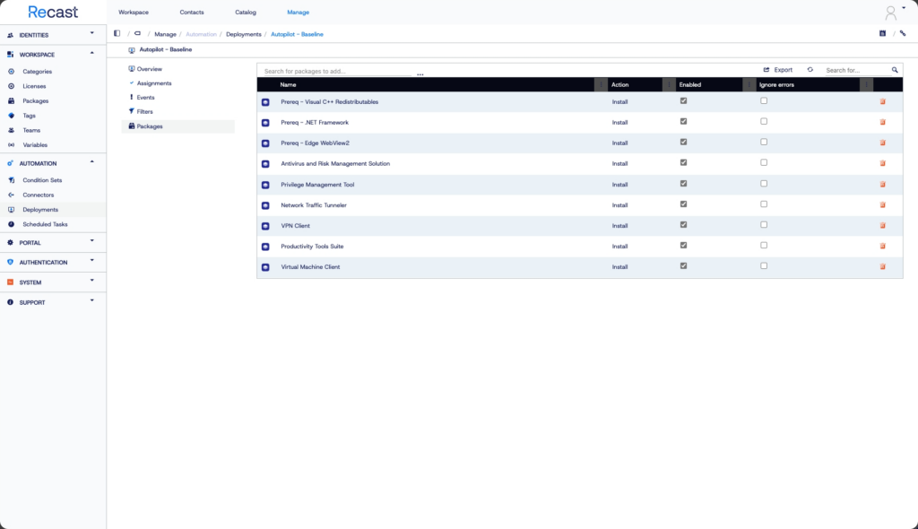 Screenshot showing Application Workspace and its deployment feature setup with a mock autopilot sequence of applications.