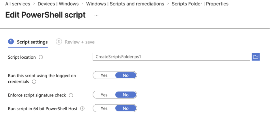 Deploy PowerShell scripts with Intune - PowerShell script settings