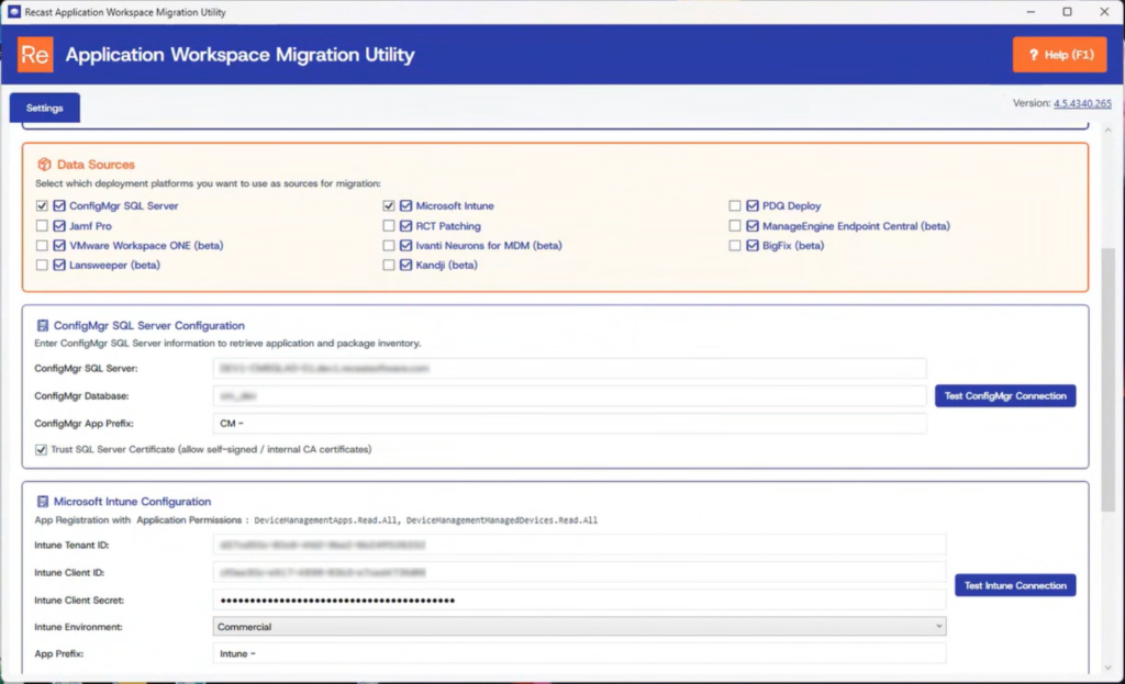 Screenshot showing the Recast Application Workspace Migration Utility, specifically the tab with all the possible source options to match and/or import from.