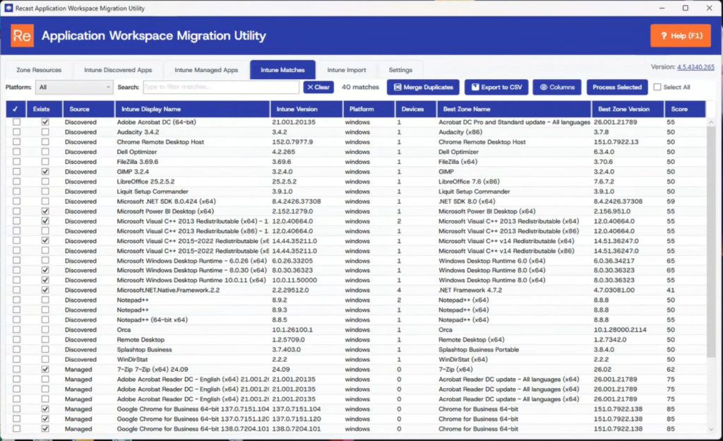 Screenshot showing the Recast Application Workspace Migration Utility, specifically the tab for what applications in AW have matched to the current apps within a demonstrated Intune tenant.