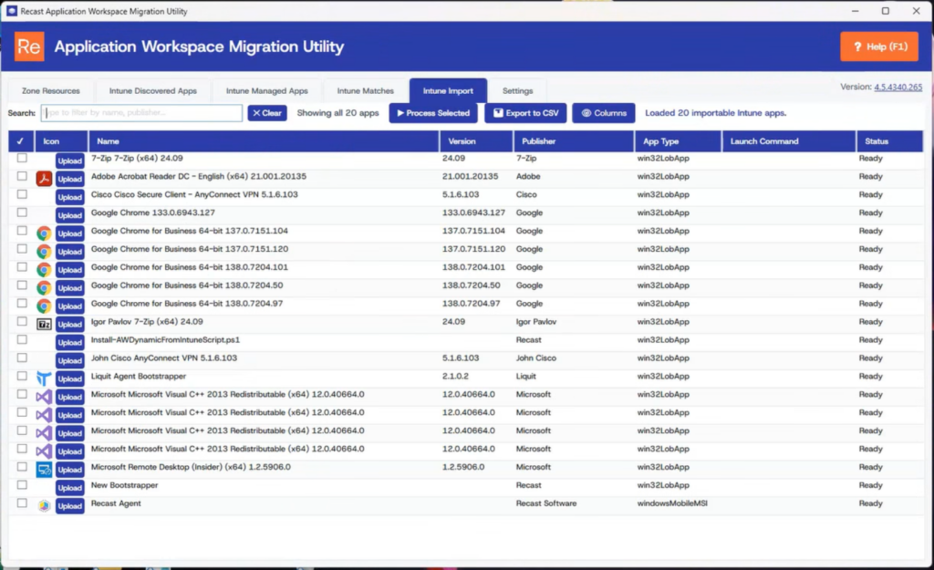 Screenshot showing the Recast Application Workspace Migration Utility, specifically the tab for what applications in AW can be directly imported from Intune right into AW.